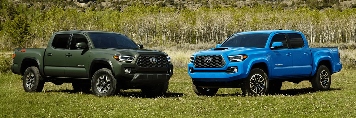 TRD Off-Road Double Cab shown in Army Green with available TRD Off-Road Premium Package, Advanced Technology Package and LED headlights and fog lights. TRD Sport shown in Blue Crush Metallic with available TRD Sport Premium Package, Advanced Technology Package and LED headlights and fog lights. Prototypes shown with options. 