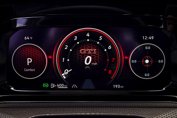 VW Digital Cockpit display with GTI logo graphic