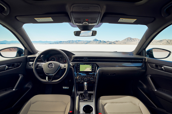 Interior shot of a 2022 Volkswagen Passat driver and passenger view.