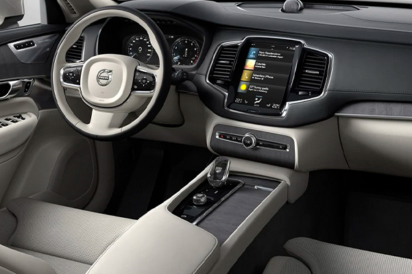 Driver’s position, display and centre console of XC90 seen from rear.