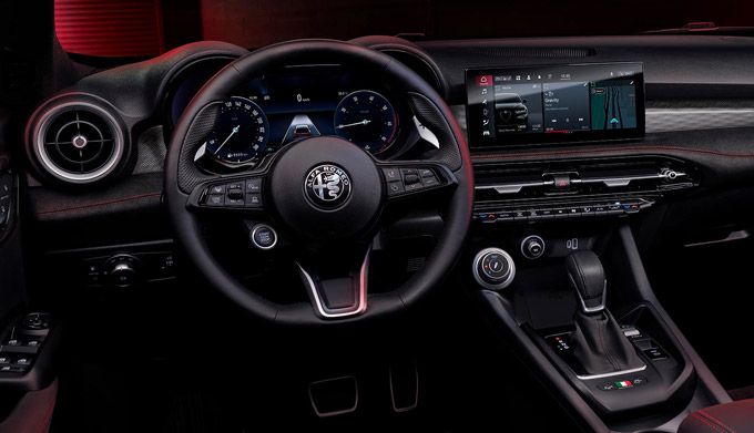 2023 Alfa Romeo Tonale drivers side shot of dashboard and steering wheel.
