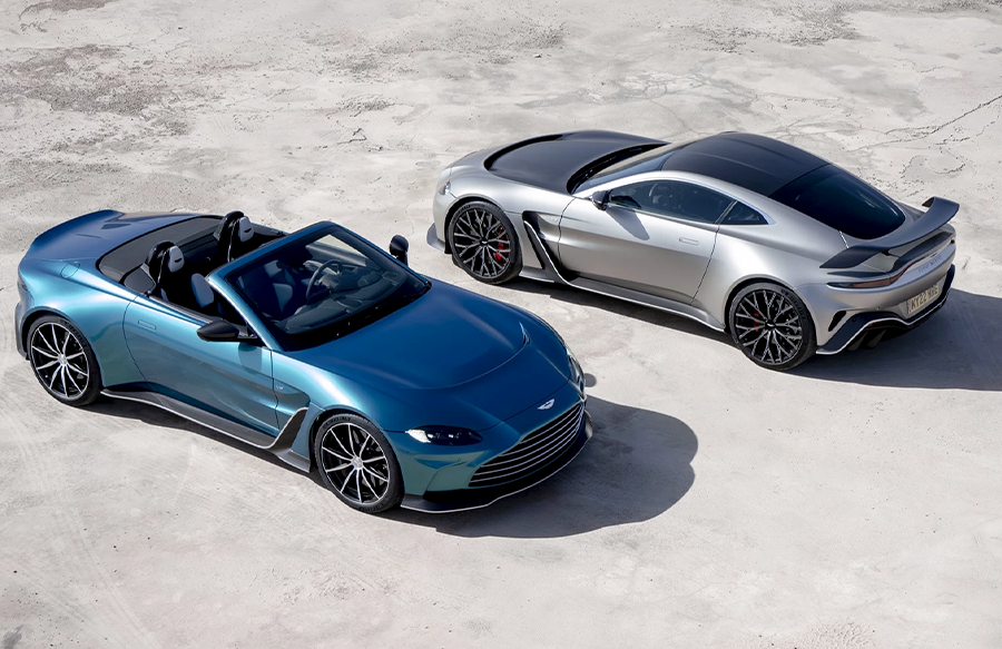 2023 Aston Martin Vantage V12 Coupe and 2023 Aston Martin Vantage V12 Roadster parked in open lot