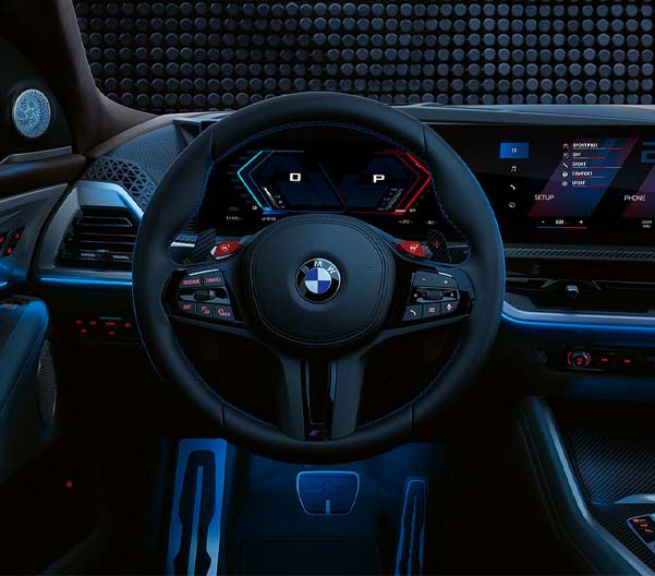 Interior shot of a 2024 BMW XM cockpit.