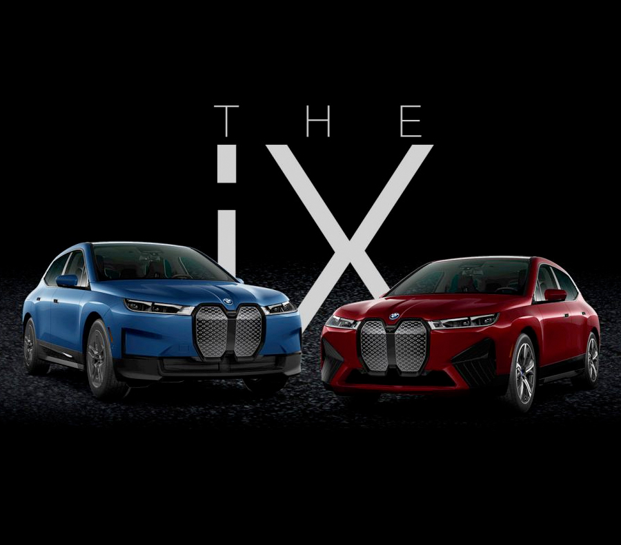 The BMW iX xDrive50 and M60 parked face to face on a black background