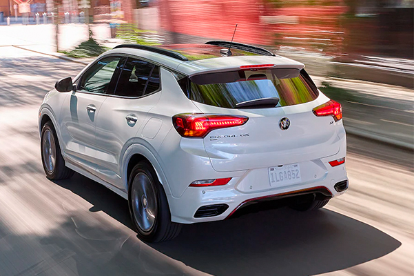 Exterior rear Drivers Side Three-Quarters View of the 2023 Buick Encore GX Sporty SUV