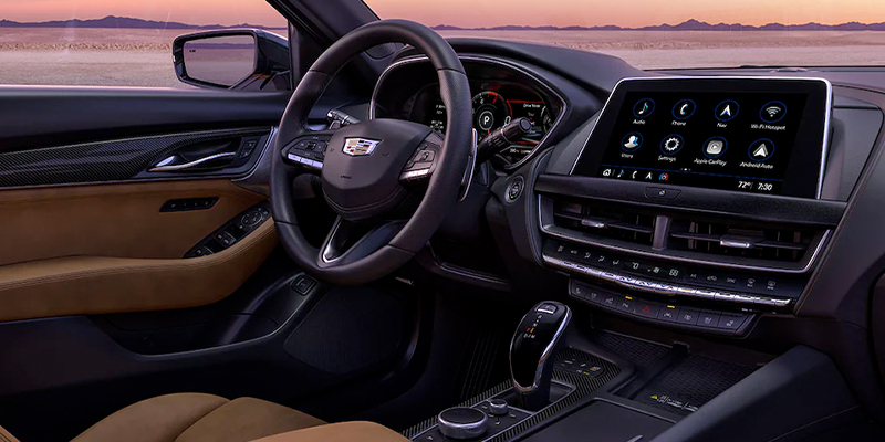 Cadillac CT5 Interior in Sedona Sauvage with Jet Black Accents with Sunset Displayed Outside