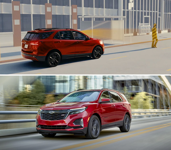 TOP - Equinox Front Pedestrian Breaking infographic. BOTTOM - The 2023 Cherry Red Tintcoat Chevy Equinox Cruising Quickly Through the City-Center