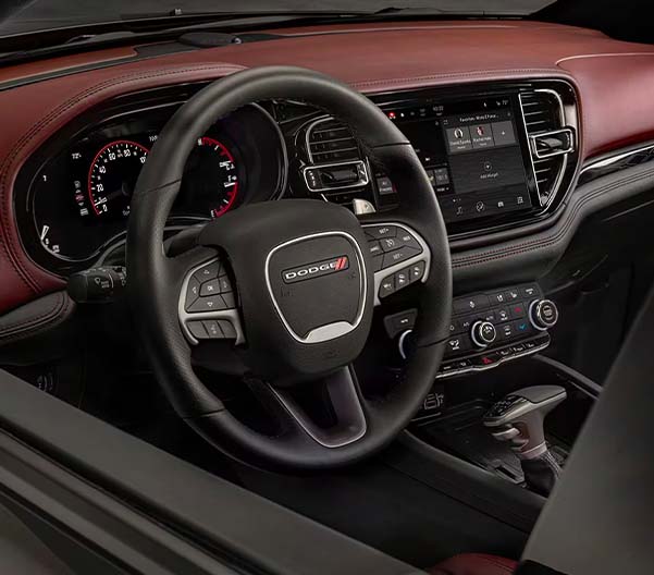 Interior shot of a 2023 Dodge Durango steering wheel.