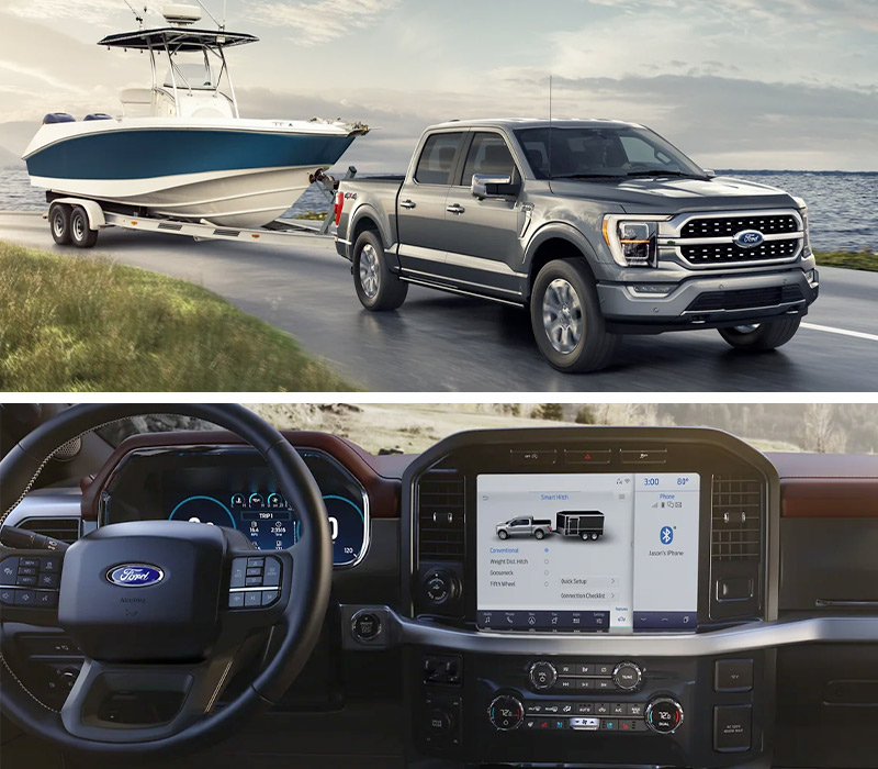 TOP IMAGE: A 2023 Ford F-150® towing a boat next to a lake; BOTTOM IMAGE: A 2023 Ford F-150® interior close up with Smart Hitch technology on the center touchscreen.