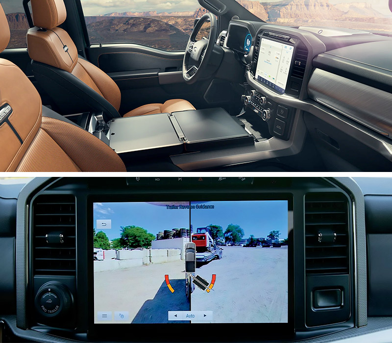 TOP IMAGE: The interior of a 2023 Ford F-150® featuring the seats and folded work surface; BOTTOM IMAGE: Close-up of a 2023 Ford F-150® aligning the hitch ball to a trailer hitch.