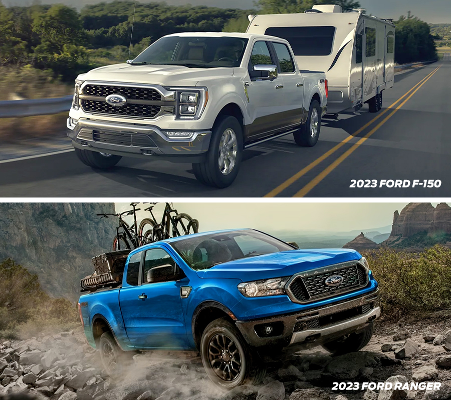 Top: A 2023 Ford F-150® towing a trailer; Bottom: 2023 Ford Ranger in Velocity Blue climbing up a rocky hill in a desert.