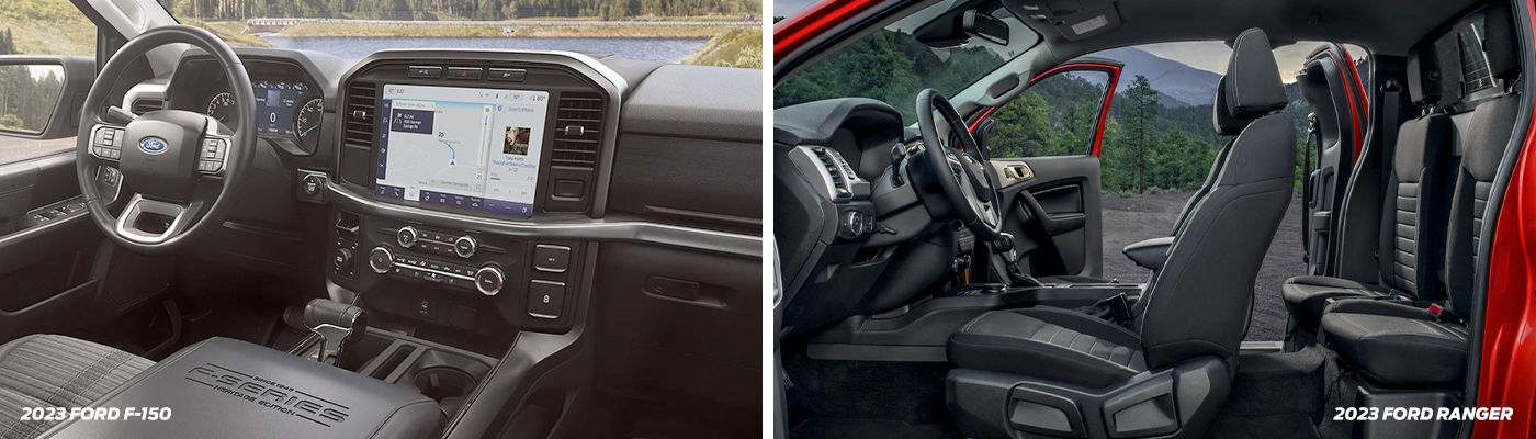 Left: Interior of the 2023 Ford F-150® showcasing its spacious front cabin and center dash panel; Right: 2023 Ford Ranger® XLT spacious interior in Ebony.