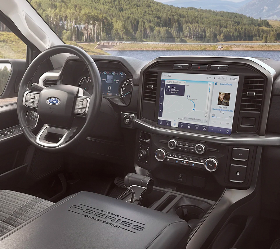 Interior shot of the 2023 Ford F-150's 12-inch digital screen and B&O sound system