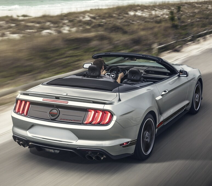 Rear view of Ford Mustang driving on the road