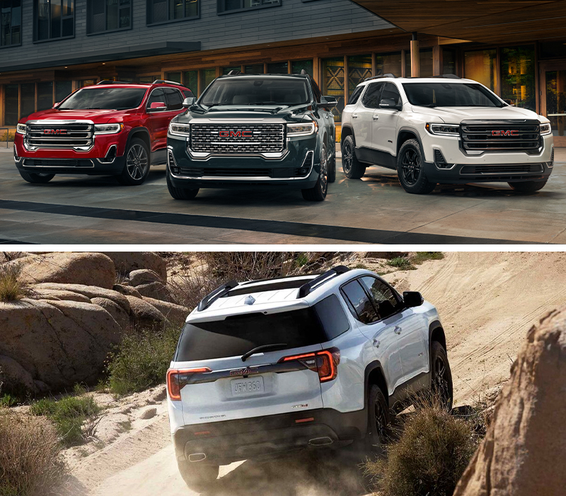 TOP IMAGE: 2023 GMC Acadia Family/Pack Shot in an Urban Location Featuring (L to R) - Acadia SLT AWD, Acadia Denali AWD, Acadia AT4; BOTTOM IMAGE: Rear View of the GMC Acadia AT4 Driving Off-Road Kicking Up Dust.