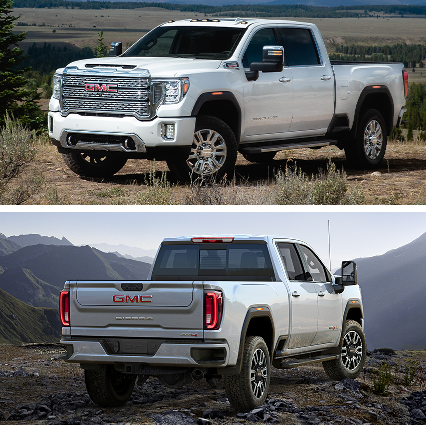 TOP IMAGE: 2023 GMC Sierra Denali 2500HD Crew Cab Standard Box; BOTTOM IMAGE: 2023 GMC Sierra 2500HD AT4 Crew Cab Standard Box; Mountains in background.