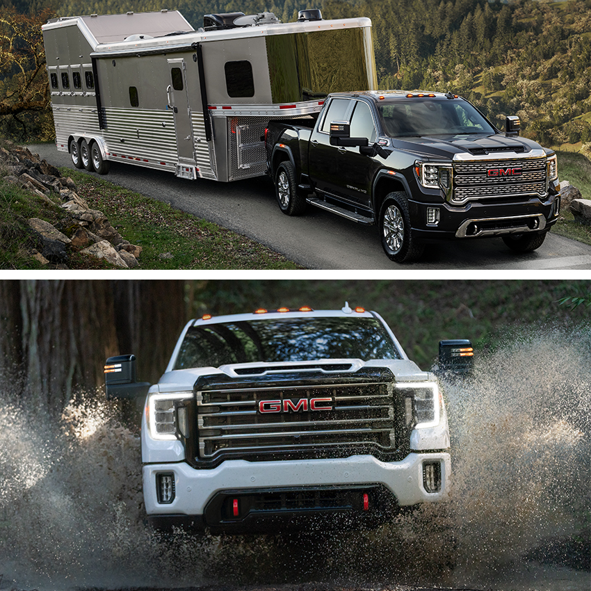 TOP IMAGE: 2023 GMC Sierra Denali 2500HD Crew Cab Standard Box Hauling 5th Wheel Gooseneck Trailer/Camper; BOTTOM IMAGE: 2023 GMC Sierra 2500HD AT4 Crew Cab Standard Box driving through water.