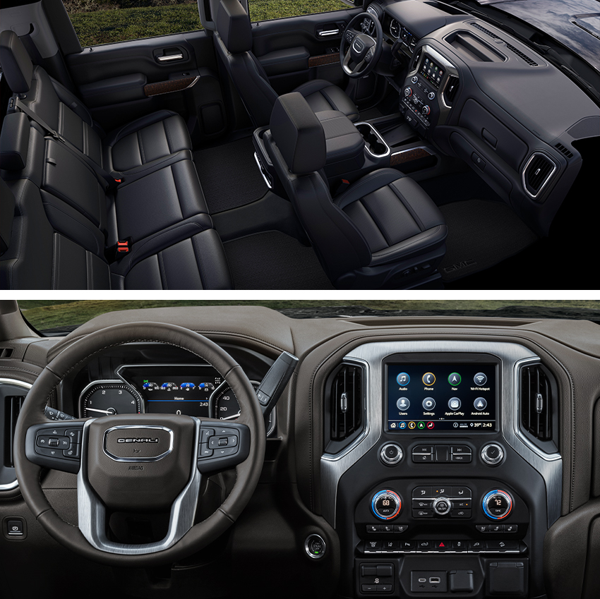 TOP IMAGE: 2023 GMC Sierra Denali 2500HD Crew Cab with Technology Package Interior Seating; BOTTOM IMAGE: 2023 GMC Sierra Denali 2500HD Interior Cockpit with Dark Walnut/Dark Ash Grey Forge Perforated Leather-Appointed Seating Showing Activated HUD/Head-Up Display Safety Feature View from rear seats.