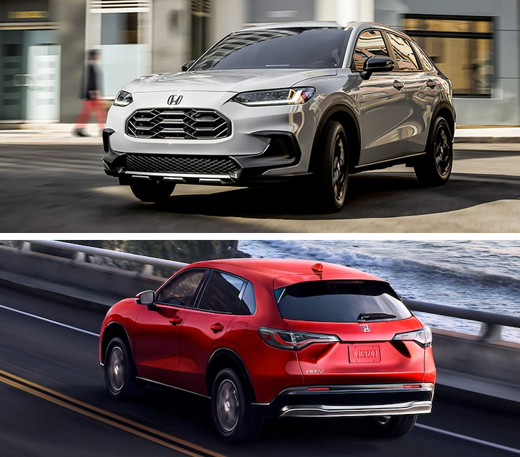 TOP IMAGE: Front driver-side view of the 2023 Honda HR-V Sport in Urban Gray Pearl shown driving on a city street; BOTTOM IMAGE: Rear driver-side view of the 2023 Honda HR-V EX-L in Milano Red shown driving on a coastal road past an ocean view.