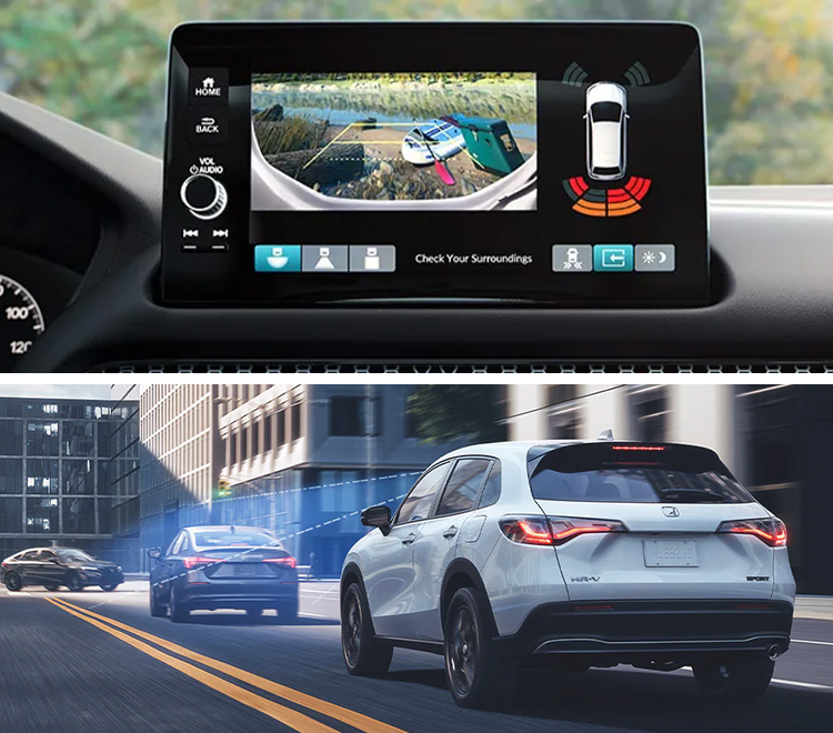 TOP IMAGE: Multi-angle rearview camera display shown on the 9-inch Display Audio touch-screen in the 2023 Honda HR-V EX-L.; BOTTOM IMAGE: 2023 Honda HR-V technology assist.