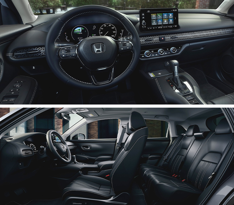 TOP IMAGE: Front interior view of the 2023 Honda HR-V EX-L with Black Leather; BOTTOM IMAGE: Driver-side cutaway interior view of the 2023 Honda HR-V EX-L in Modern Steel Metallic.