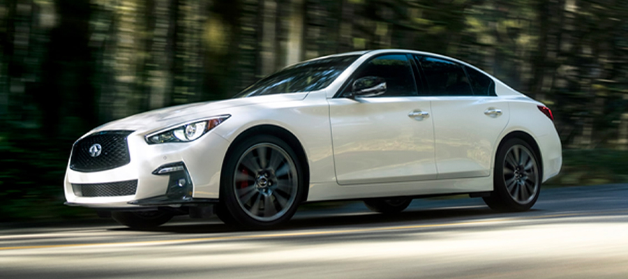 3/4 view of a white 2023 INFINITI Q50