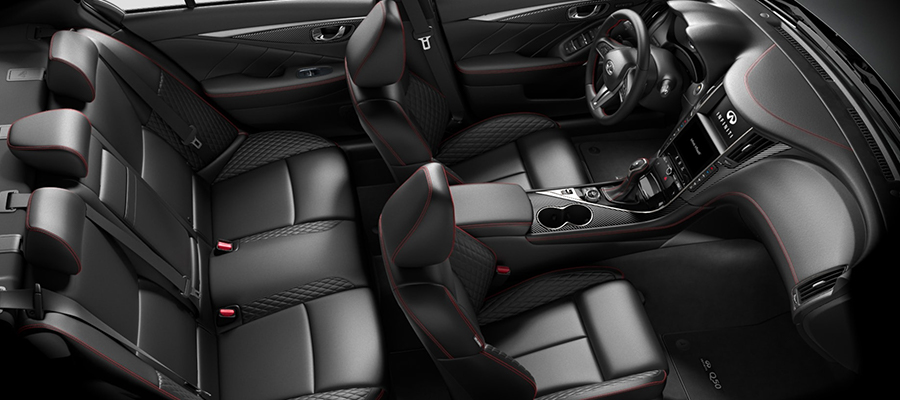 Close up view of 2023 INFINITI Q50 interior highlighting front leather seating