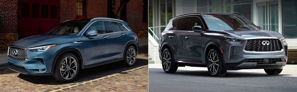 Left: Driver-side profile of 2023 INFINITI QX50 Luxury Crossover SUV. Right: 2023 INFINITI QX60 exterior shown in Moonbow Blue color
