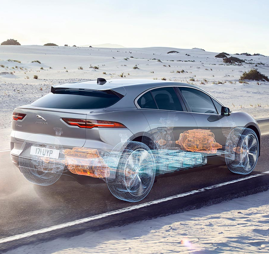 Xray of Jaguar I-PACE Driving on a dusty road.