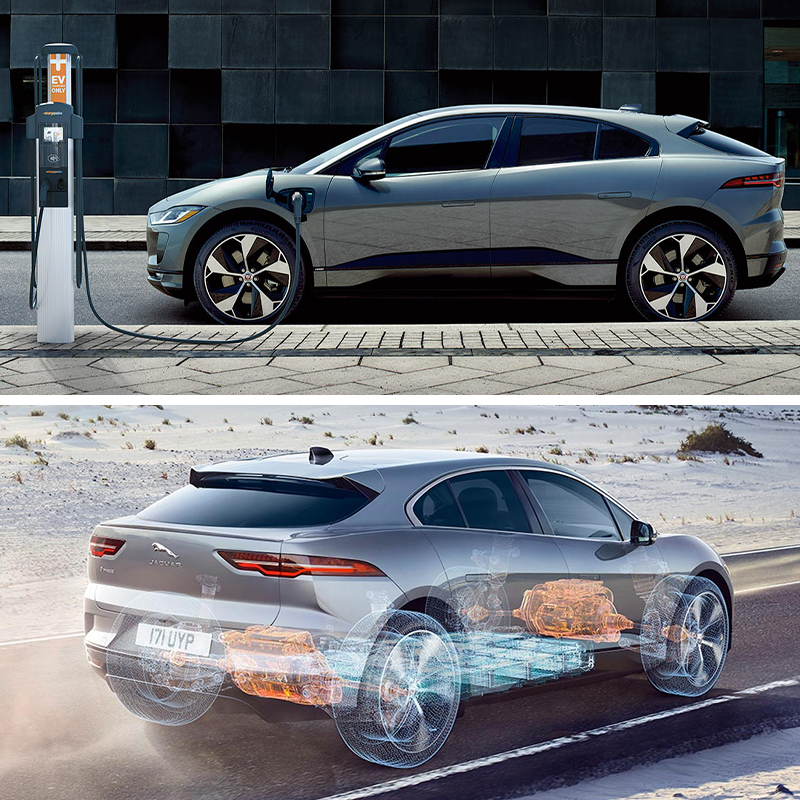TOP IMAGE: Jaguar I-PACE Charged on the side of the road; BOTTOM IMAGE: Xray of Jaguar I-PACE Driving on a dusty road.