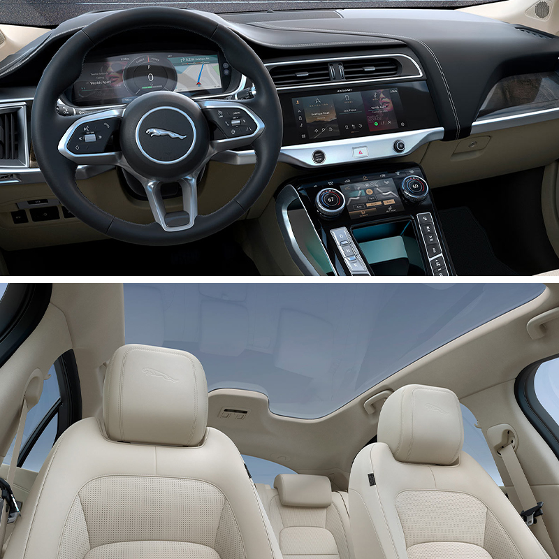 TOP IMAGE: Jaguar I-PACE Front Interior Wheel And Screens; BOTTOM IMAGE: Jaguar I-Pace sunroof.