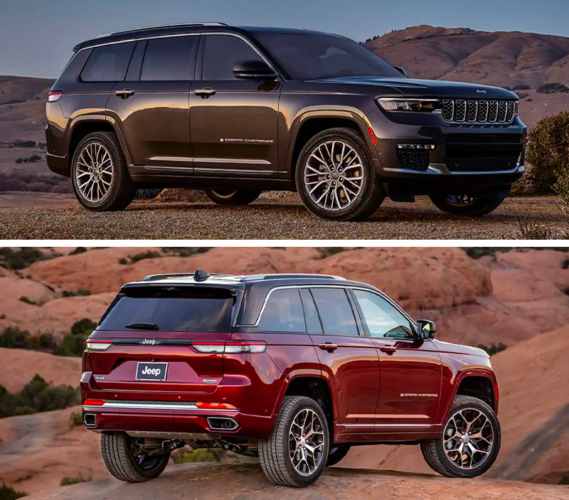 The 2023 Jeep Grand Cherokee Summit Reserve parked off-road in the desert with a mountain rising in the distance.