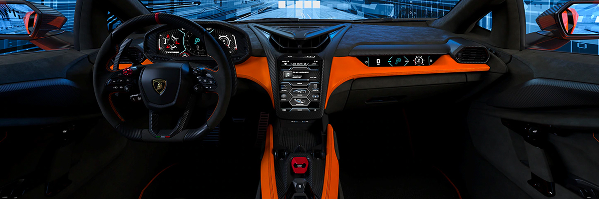 Interior shot of the cockpit of a 2023 Lamborghini Revuelto.
