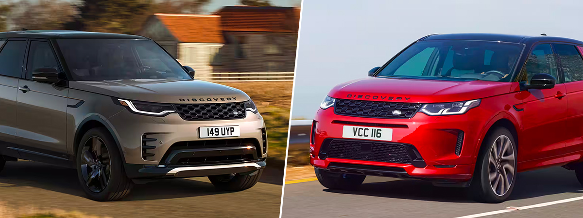 2023 Land Rover Discovery and Discovery Sport driving down roads in daytime.