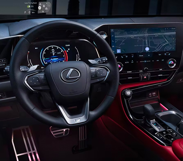 Interior of the Lexus NX F SPORT Handling shown with Circuit Red NuLuxe.