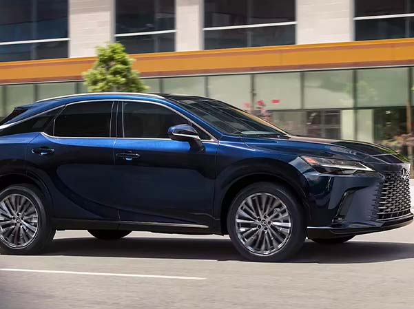 Exterior of the 2023 Lexus RX shown in Nightfall Mica.