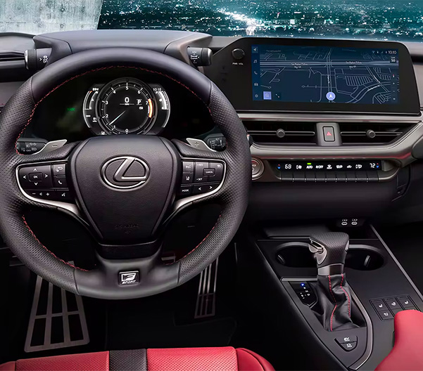 Interior shot of 2023 Lexus UX front dashboard and drivers side.