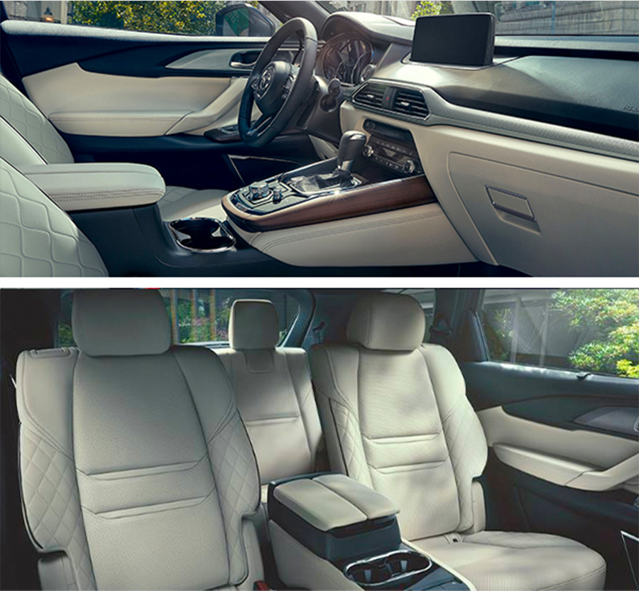 2023 Mazda CX-9 SUV – top: side view of front seats; bottom: 2nd Row Captains Chairs