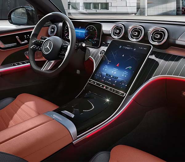Interior shot of the 2023 Mercedes-Benz C-Class with it's 12.3-inch digital instrument cluster
