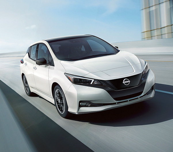 2023 Nissan LEAF in white on an overpass