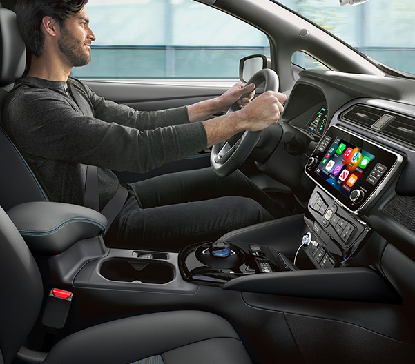 2023 Nissan LEAF showing interior view leather seats and dashboard