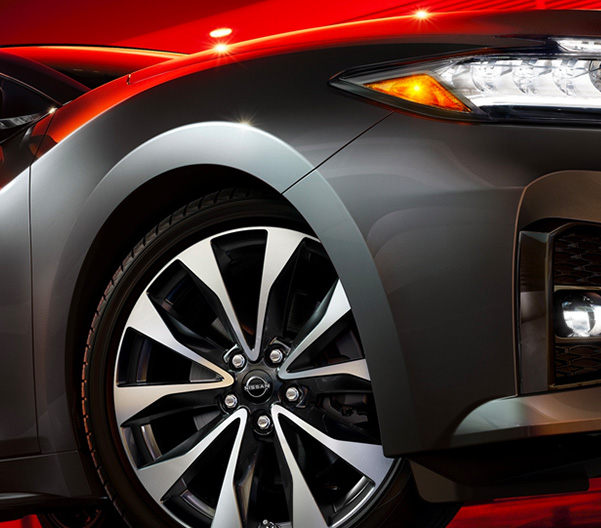 2023 Nissan Maxima showing lightweight aluminum-alloy wheels.