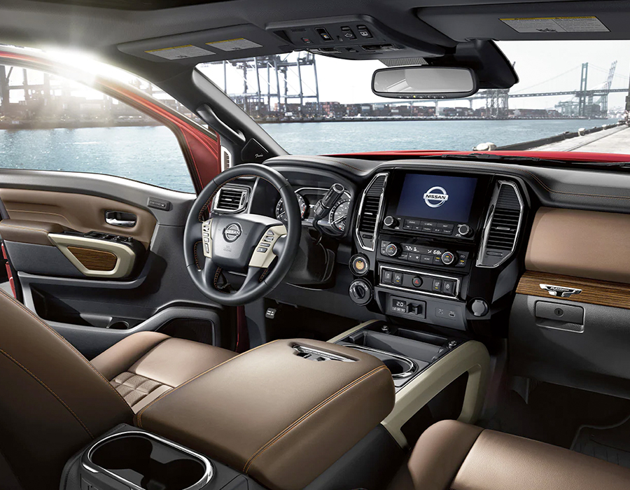2023 Nissan TITAN leather wrapped steering wheel.