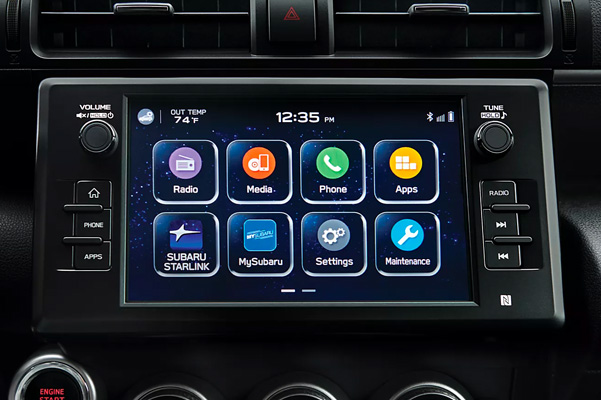 A close up of the Subaru Starlink Multimedia screen on the 2022 Subaru BRZ.