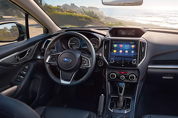 A forward-facing view of the interior of the 2023 Crosstrek.