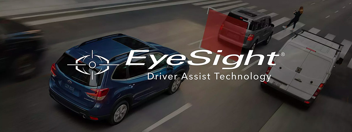 2019 Ascent driving on road with red graphic overlay demonstrating EyeSight Driver Assist Technology