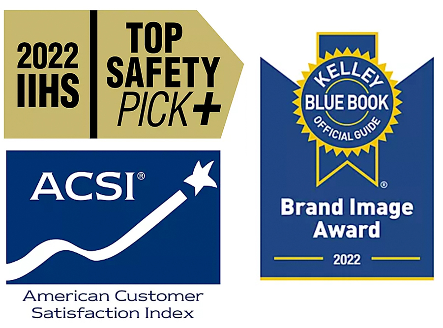 ACSI - American Customer Satisfaction Index logo, Kelly Blue Book Brand Image logo, 2022 IIHS Top Safety Pick+ logo