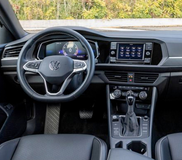 Interior dash view of a Jetta in available Titan Black leatherette.