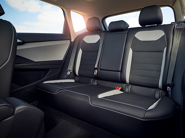 Rear seats of 2023 VW Taos showing available leather seating options.