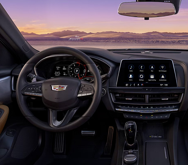 Cadillac CT5 Interior in Sedona Sauvage with Jet Black Accents with Sunset Displayed Outside